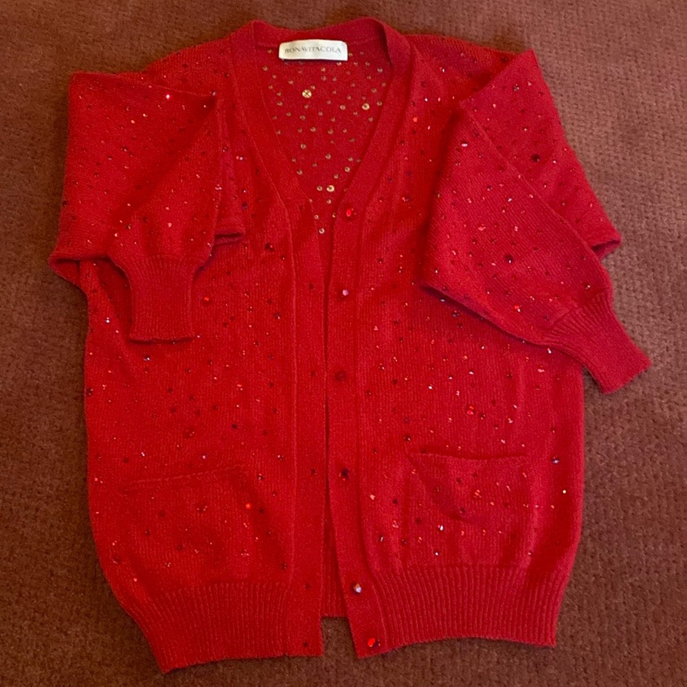 Vintage Red sweater cardigan with red crystal embellishments all over.